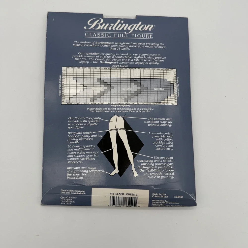 Vintage Burlington Classic Full Figure Pantyhose Black Queen 3 W41